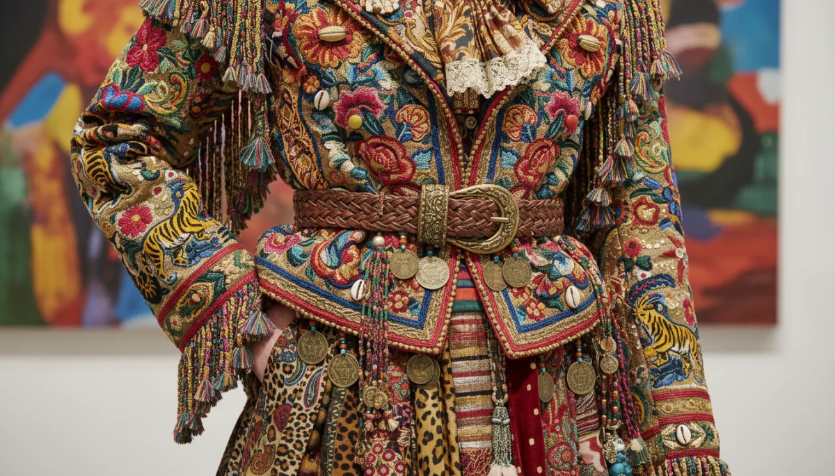 Intricate embroidery and mixed prints on a maximalist garment