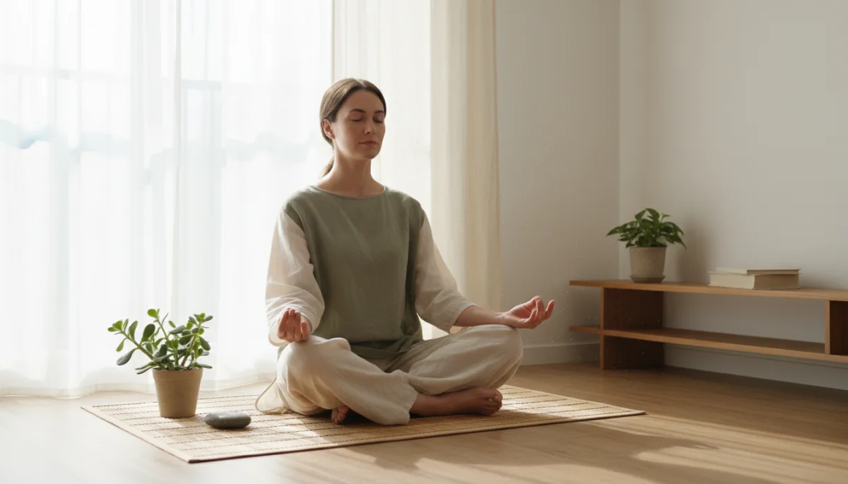 Person meditating in a minimalist home retreat space