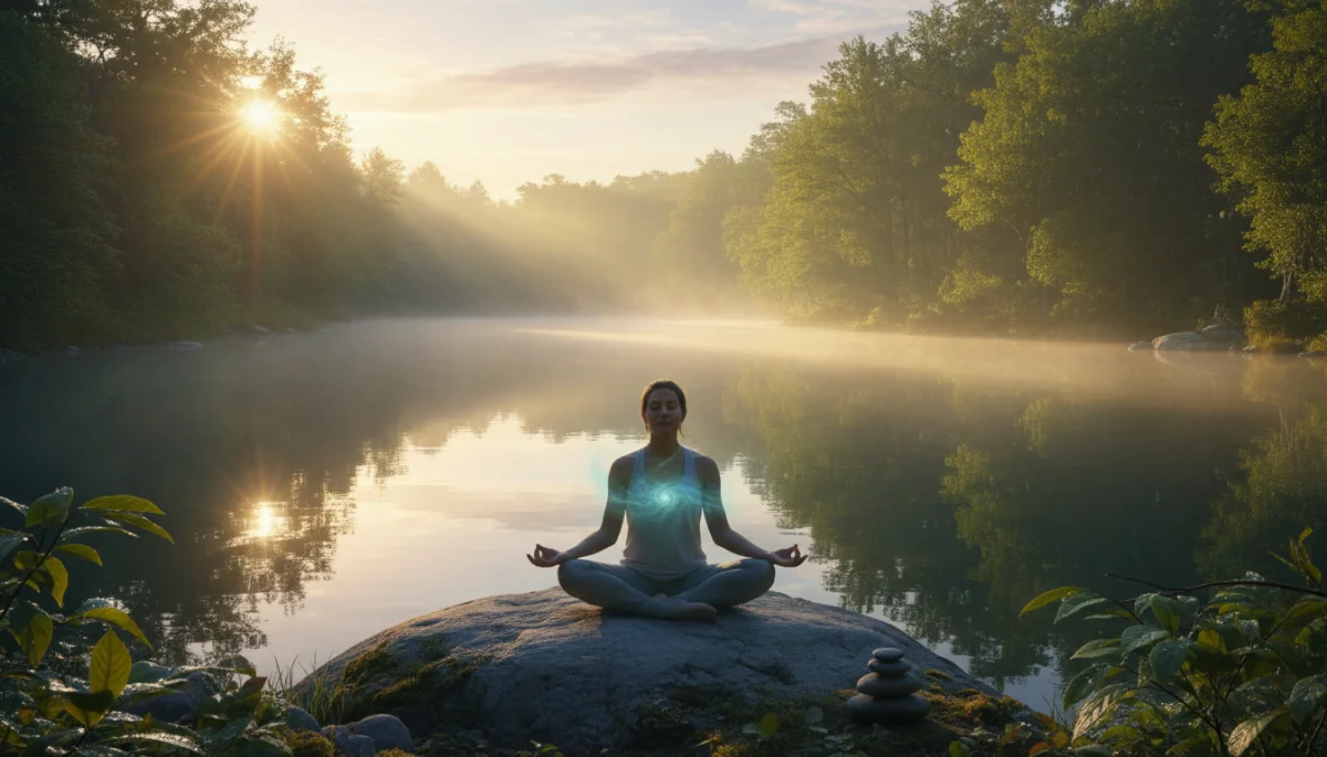 Person meditating by a calm lake, promoting mental health and nature's tranquility