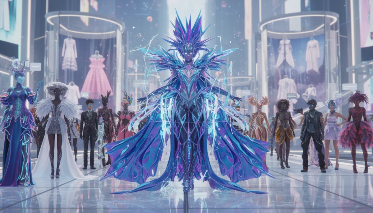 Virtual avatar wearing intricate digital fashion in a metaverse social space, showcasing expressive style