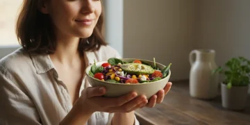 Person mindfully enjoying a healthy salad, embodying mindful eating practices