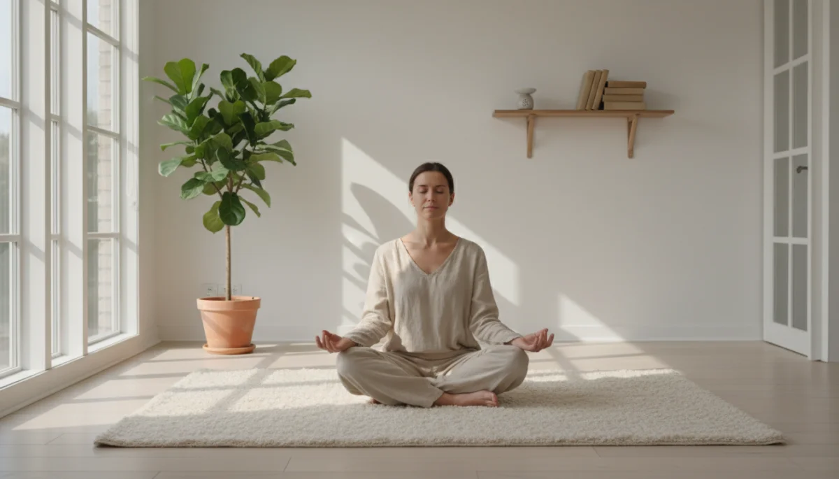 Person meditating in a calm, minimalist room with natural light