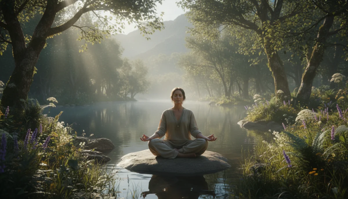 Mindful meditation in nature, promoting mental clarity and slow living