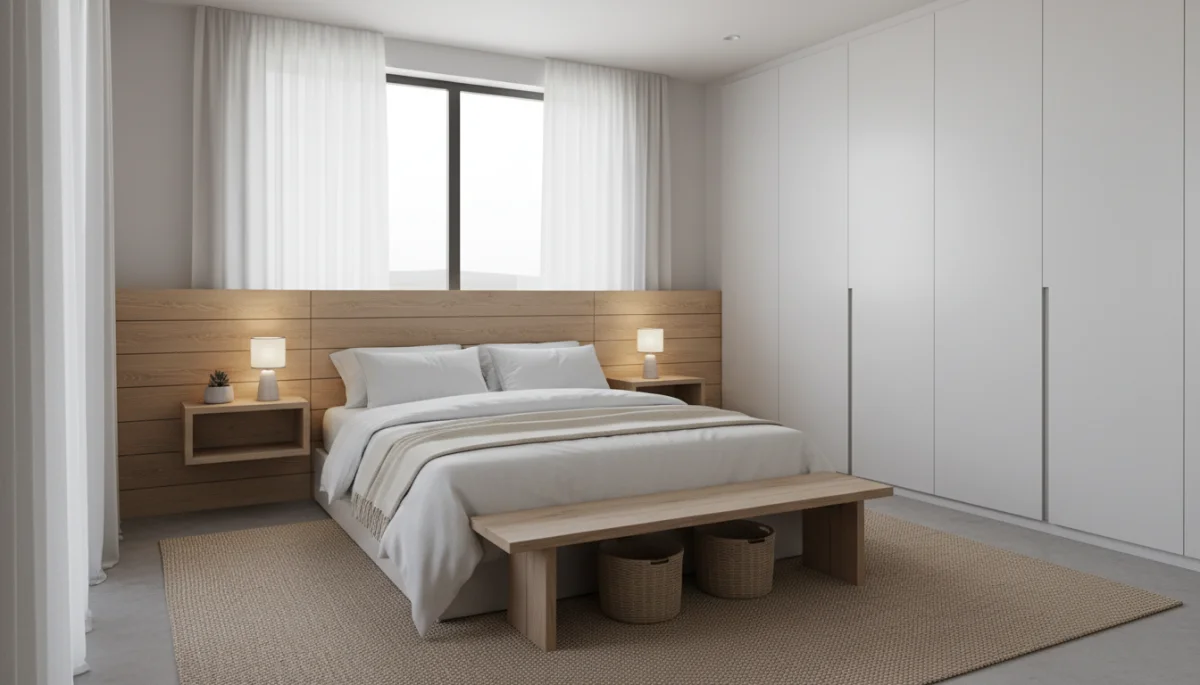 Minimalist bedroom with neutral colors and smart storage for serene living.