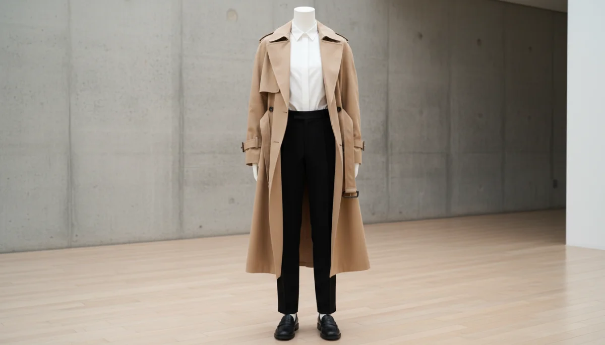 Sleek minimalist outfit with trench coat and tailored trousers