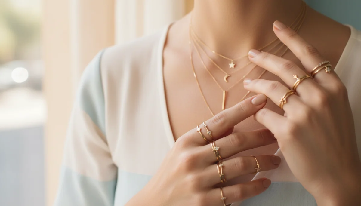 Close-up of hands with layered delicate gold necklaces and rings, illustrating minimalist jewelry trend.