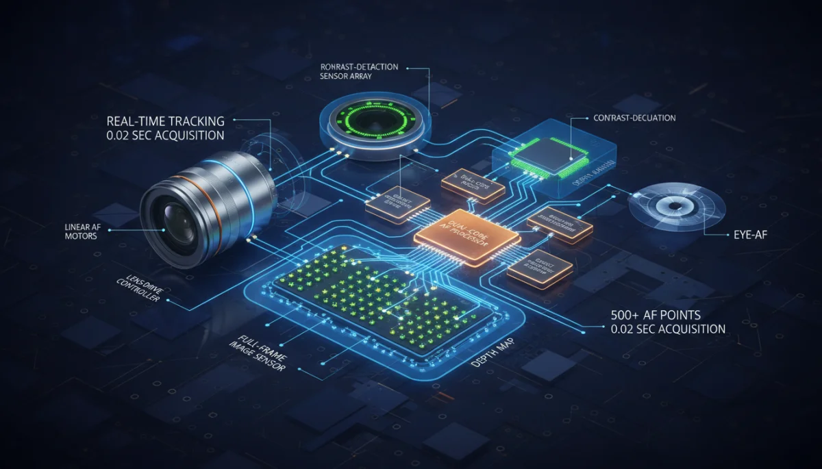 Detailed technical diagram of a mirrorless camera's advanced autofocus system components