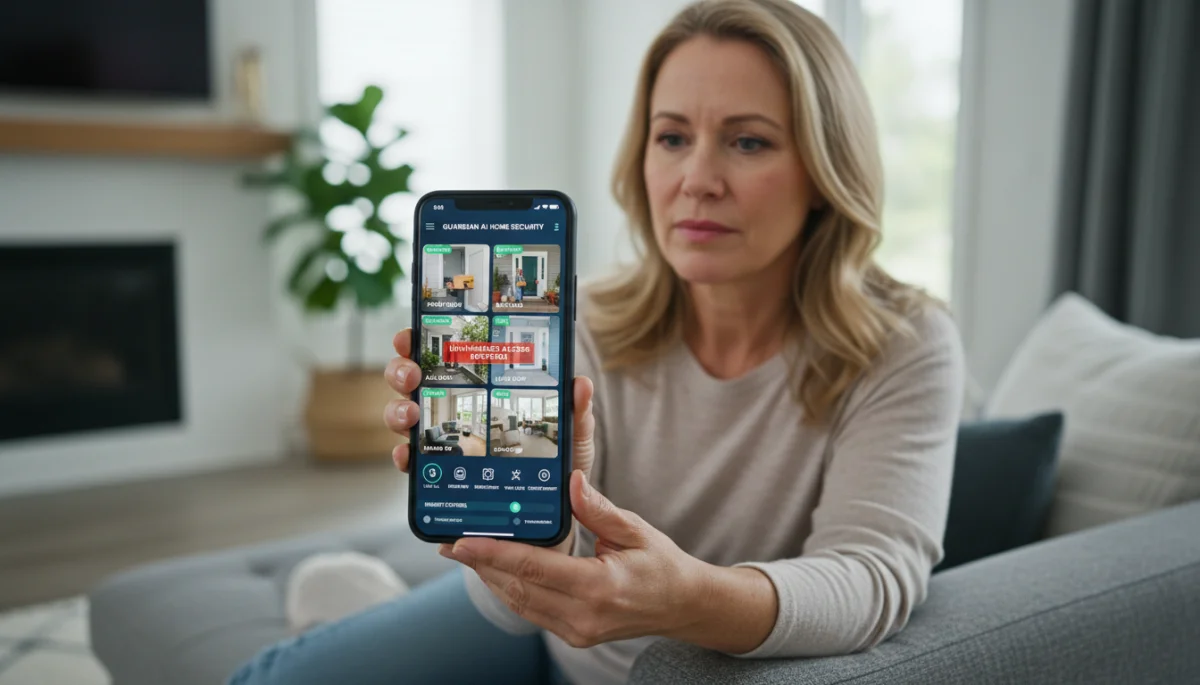 Homeowner checking AI security system alerts on a mobile app
