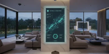 Modern smart home with integrated AI security system interface