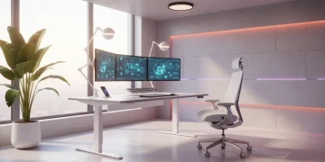 Modern ergonomic home office setup with standing desk and smart tech