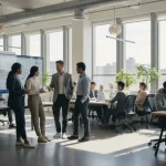 Professionals in modern office workwear, diverse styles, collaborative environment