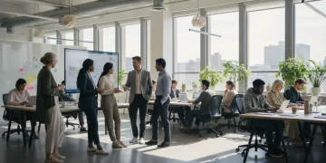 Professionals in modern office workwear, diverse styles, collaborative environment