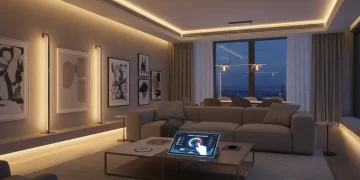 Modern living room with energy-efficient smart lighting