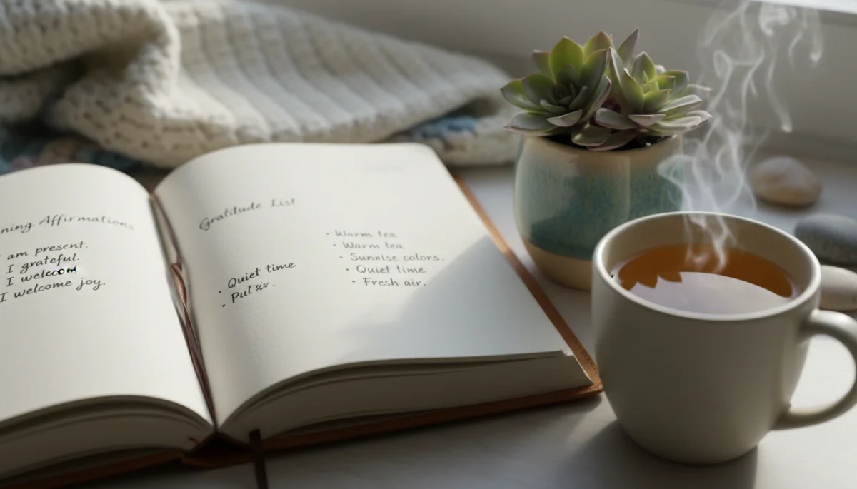 Journal with morning affirmations and tea, symbolizing mindful reflection.