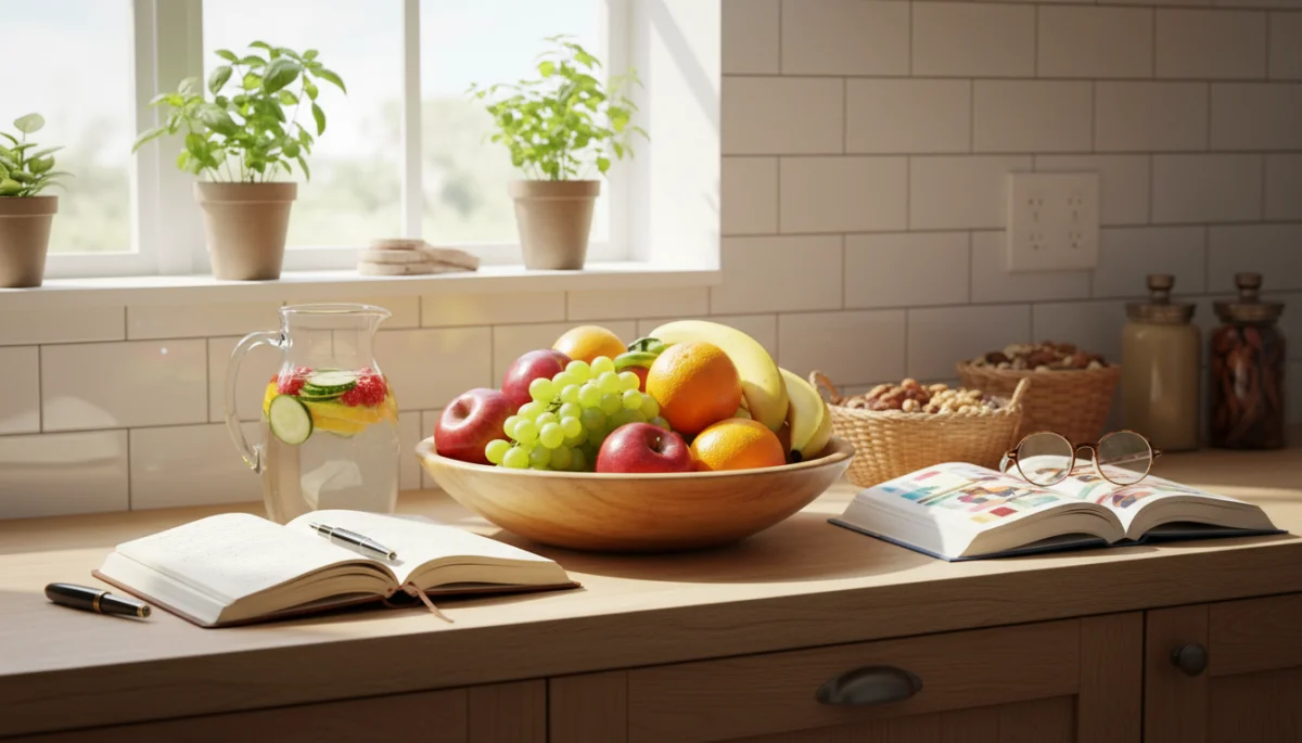 Kitchen counter with fruits, journal, and book, promoting non-digital activities.
