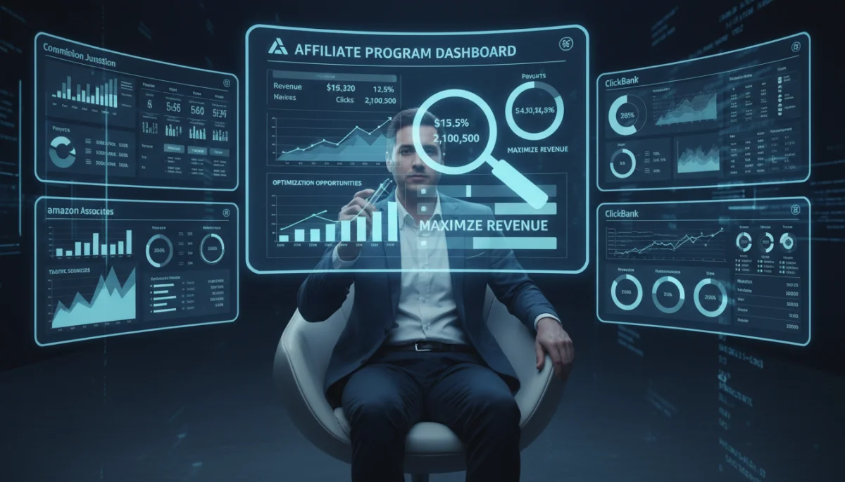 Person analyzing affiliate dashboards to optimize payout structures and maximize earnings.