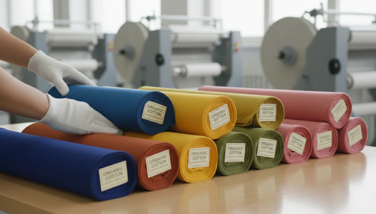 Organic cotton fabric rolls being sorted in a sustainable textile factory.