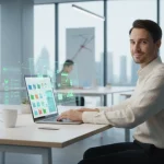 Organized digital workspace with a person achieving productivity gains