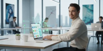 Organized digital workspace with a person achieving productivity gains