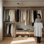 Organized minimalist closet with 20 versatile clothing items for a capsule wardrobe