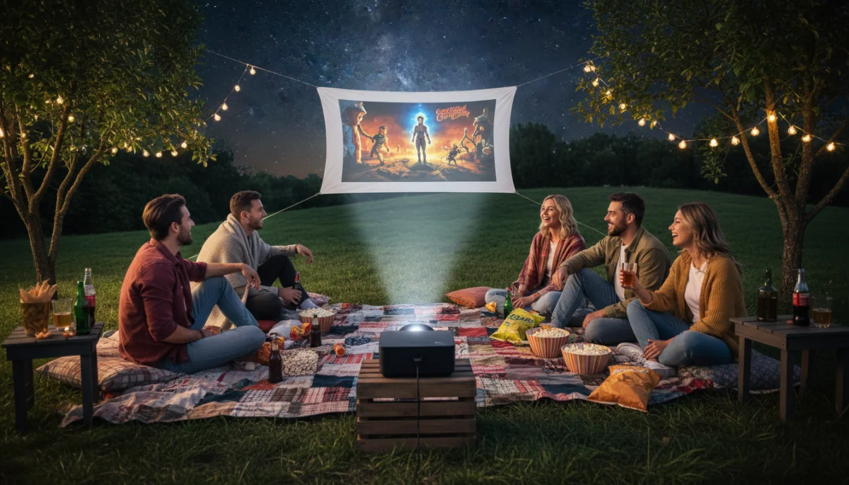 Friends enjoying an outdoor movie night with a portable projector