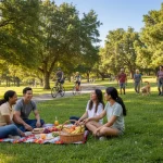 People enjoying outdoor recreation in a vibrant park, emphasizing health and wellness