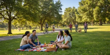 People enjoying outdoor recreation in a vibrant park, emphasizing health and wellness