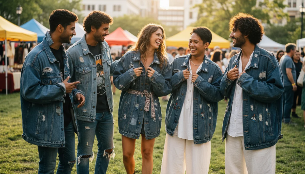Friends sharing and styling a single oversized, distressed denim jacket in various gender-fluid ways.