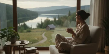 Person enjoying a peaceful moment by a window, embracing slow living