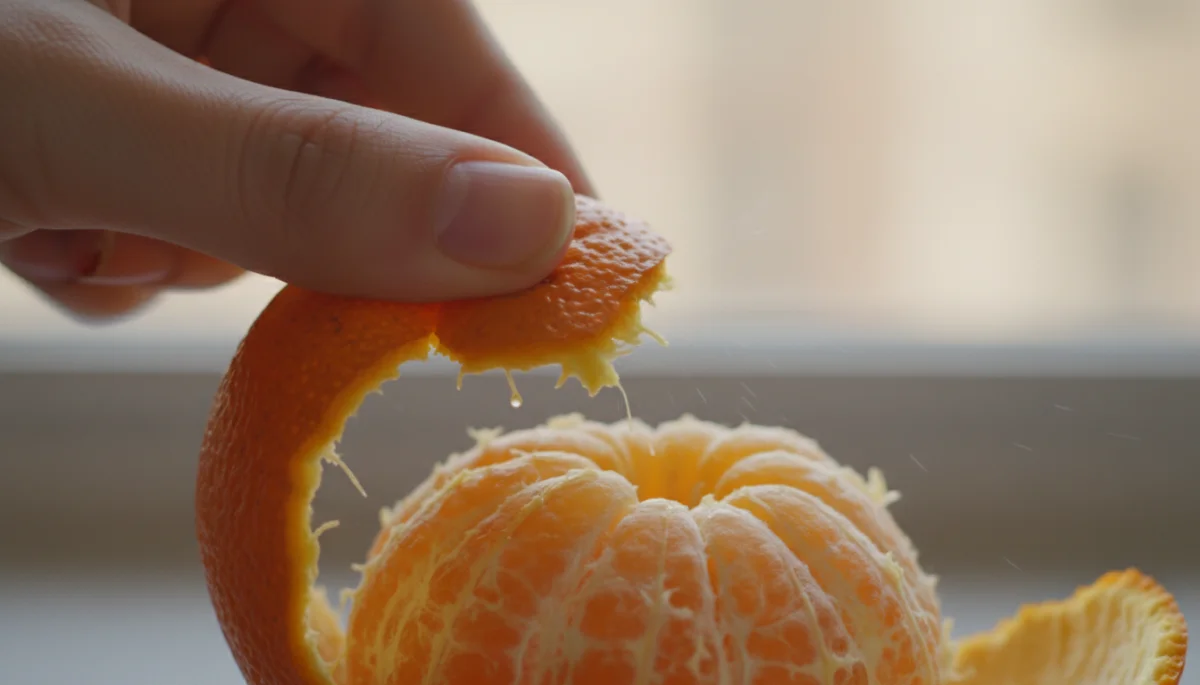 Hand slowly peeling an orange, highlighting sensory engagement with food