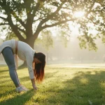Daily Movement: Boost Mood 30%, Financial Impact Person stretching outdoors at sunrise, embodying daily movement benefits