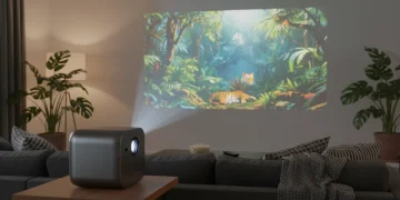 Modern portable projector displaying a movie in a cozy living room