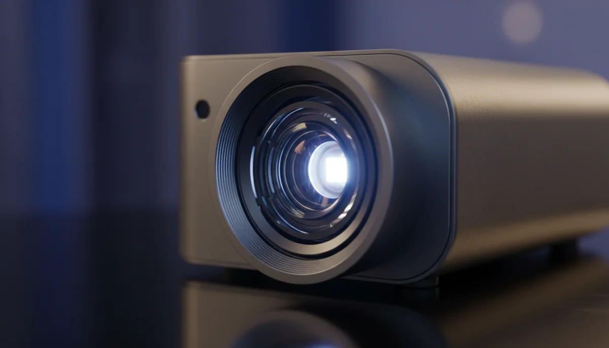 Close-up of a portable projector's advanced lens system