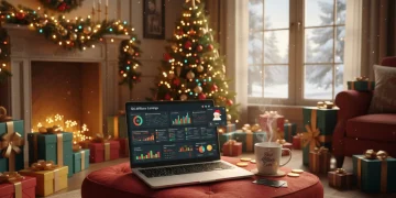 Festive holiday scene with laptop showing Q4 affiliate earnings dashboard