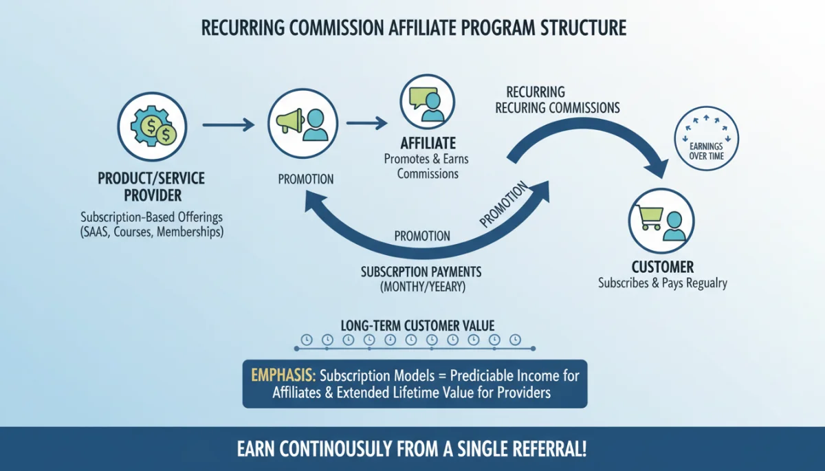 Infographic illustrating the flow of recurring commissions in an affiliate marketing model.