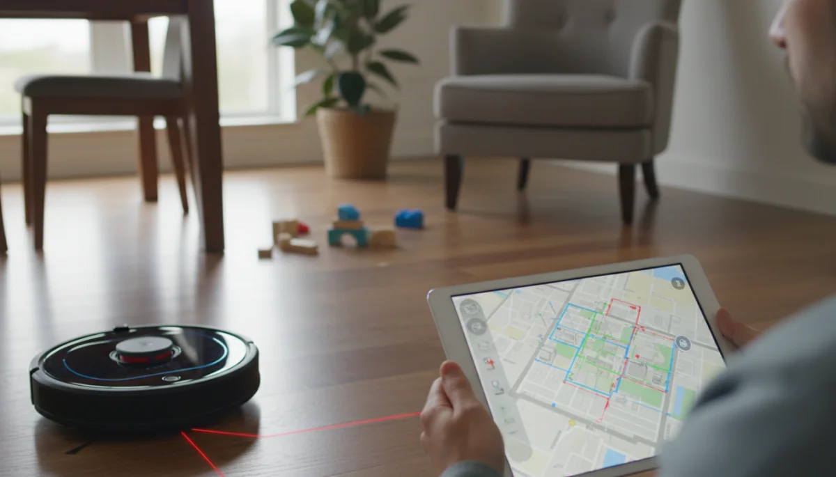 Robot vacuum demonstrating advanced laser navigation and room mapping on a tablet.