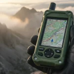 Rugged GPS device displaying a topographical map in a mountain setting.
