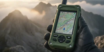 Rugged GPS device displaying a topographical map in a mountain setting.