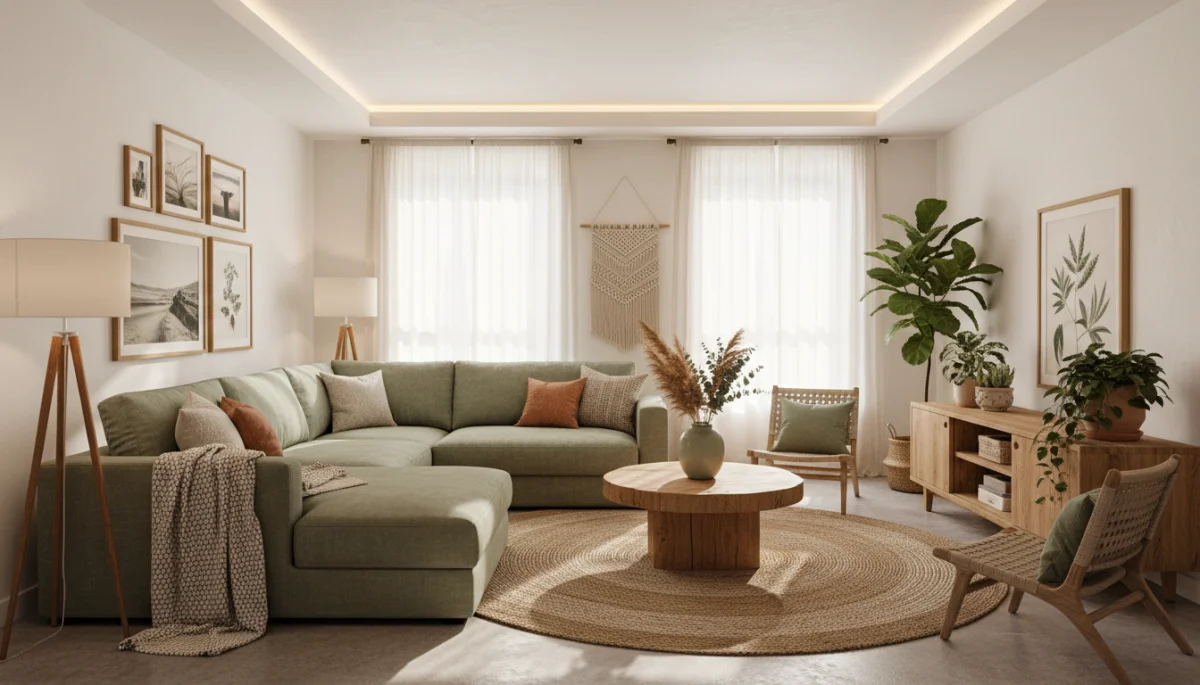Sage green interior design concept with natural elements