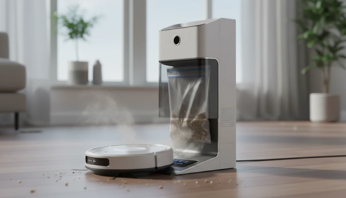 Self-emptying robot vacuum docking with its base, showcasing autonomous maintenance.