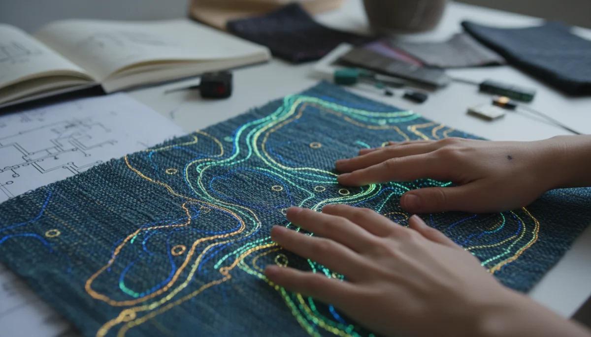 Close-up of smart fabric with integrated optical fibers and subtle illumination.