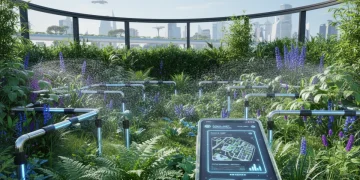 Futuristic smart garden with automated watering system and smartphone control