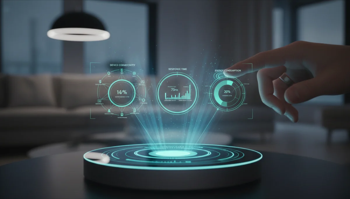 Smart home hub interface showing real-time device data and holographic controls