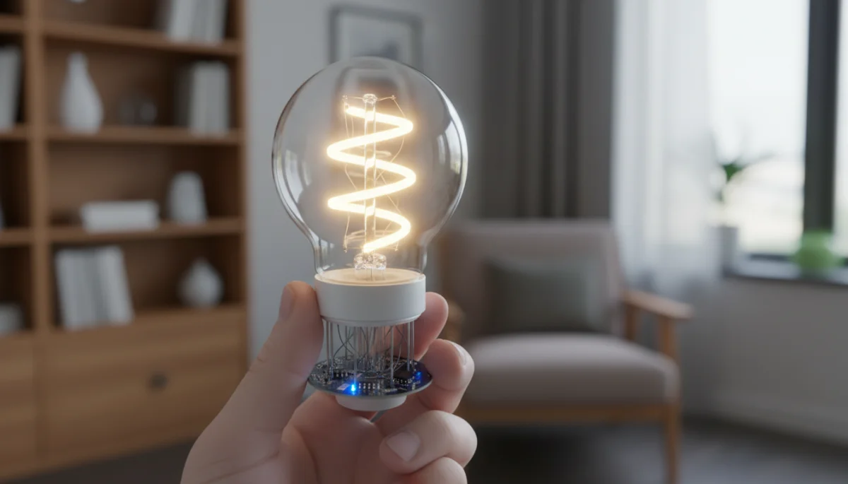 Hand holding a glowing smart LED light bulb