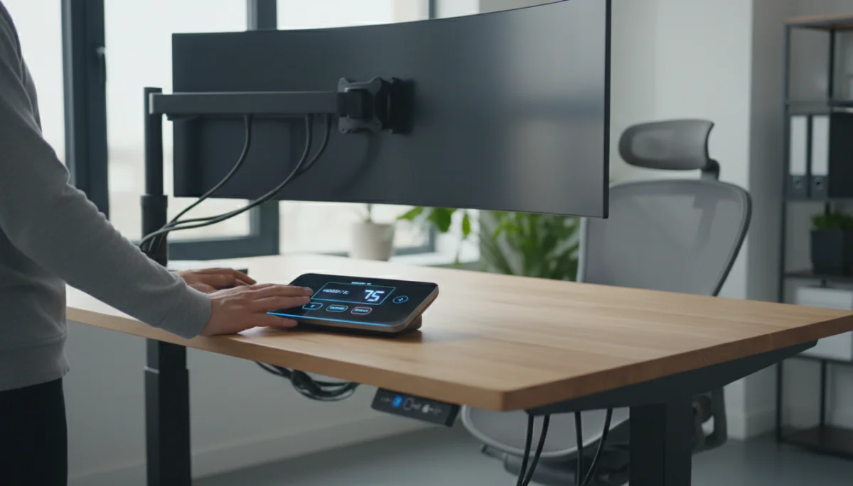 User adjusting smart standing desk height via control panel