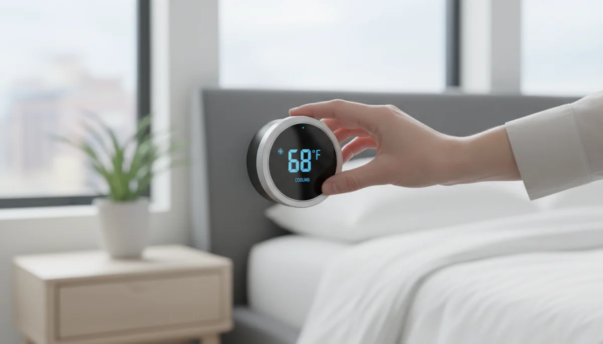 Smart thermostat displaying cool temperature for ideal sleep