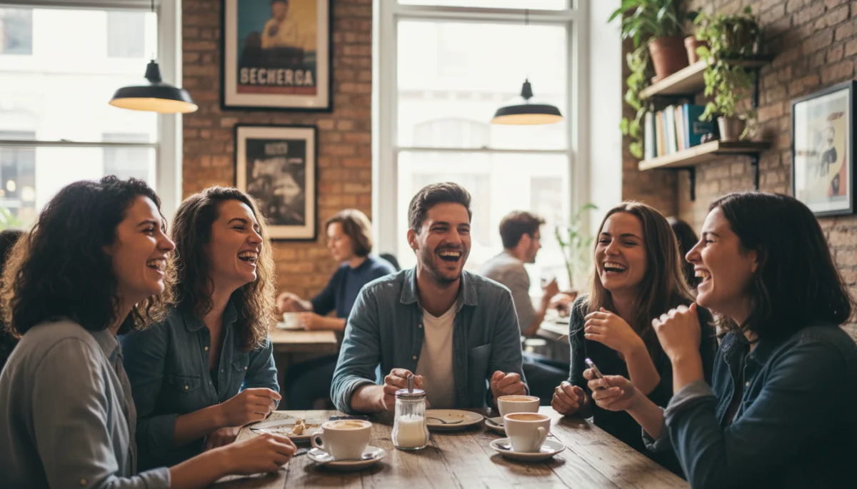 Friends laughing in cafe, no phones, highlighting real social connection.