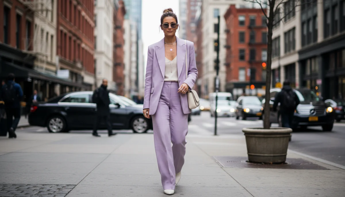 Person in soft tailored pastel suit on urban street