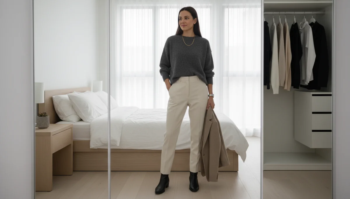 Stylish person wearing versatile capsule wardrobe outfit in a minimalist bedroom