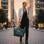 Stylish woman with minimalist jewelry and a structured luxury handbag, representing 2026 fashion trends.